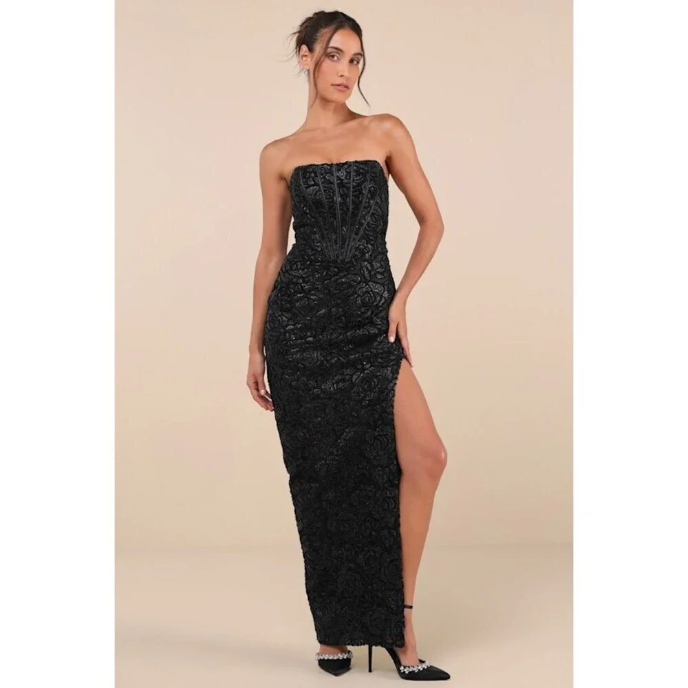 NWT-Lulus Stately Aura Black Mesh Velvet Strapless Bustier Maxi Dress - Size XL - Picture 1 of 1